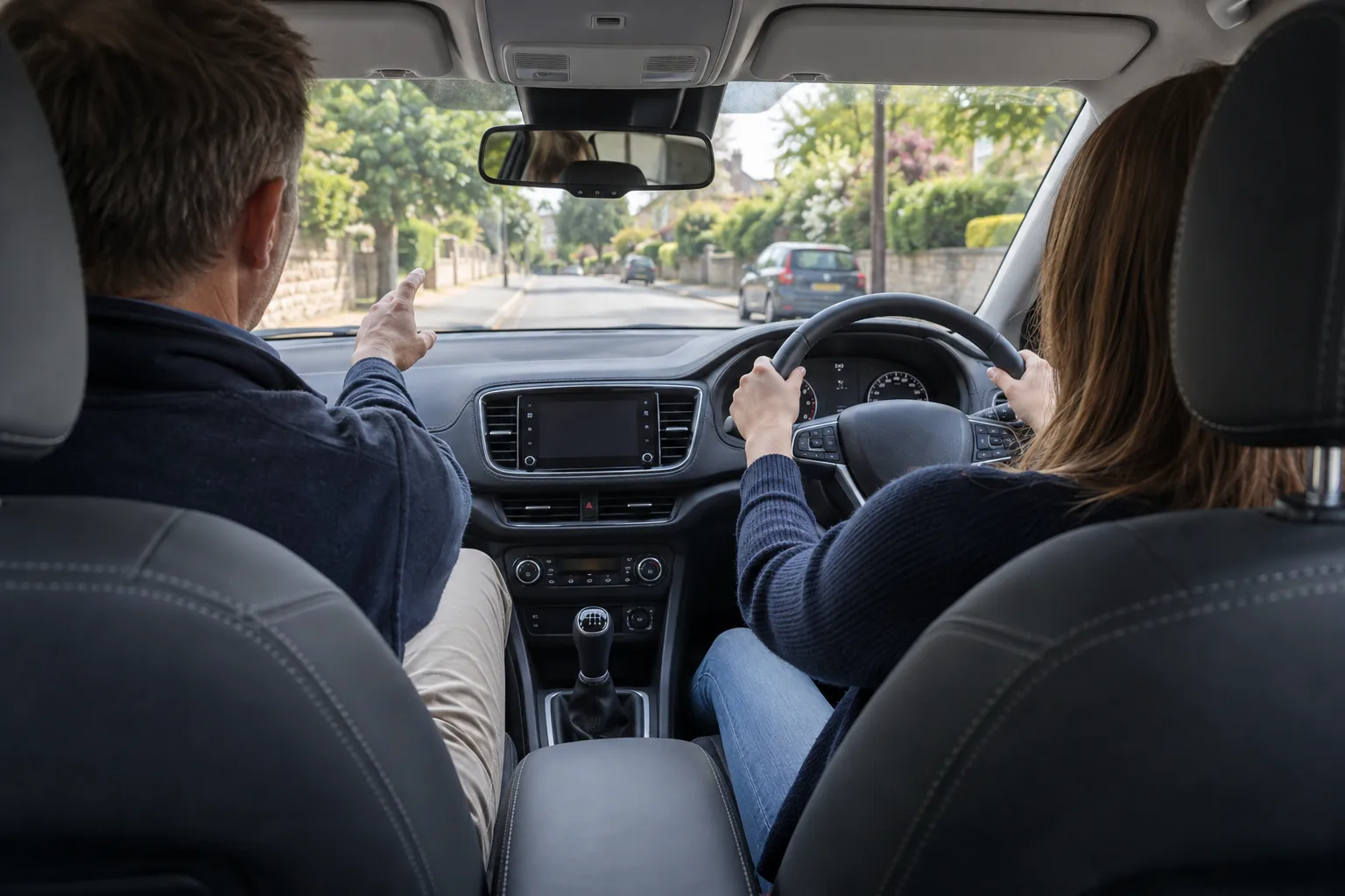 Illustrative view of a learner driving with an instructor beside them
